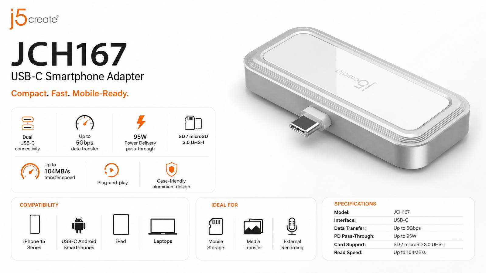 j5create JCH167, USB-C to Dual USB-C & SD Card Adapter for Smartphones, 5Gbps Data Transfer, 95W Power Delivery Pass-Through, SD/microSD 3.0 UHS-I 104MB/s, iPhone 15 and USB-C Android Compatible, White/Black, 2-Year Warranty | JCH167